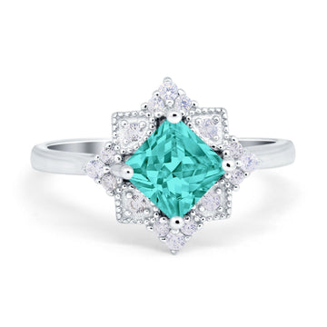 Vintage Princess Cut Wedding Ring Simulated Paraiba Tourmaline CZ 925 Sterling Silver